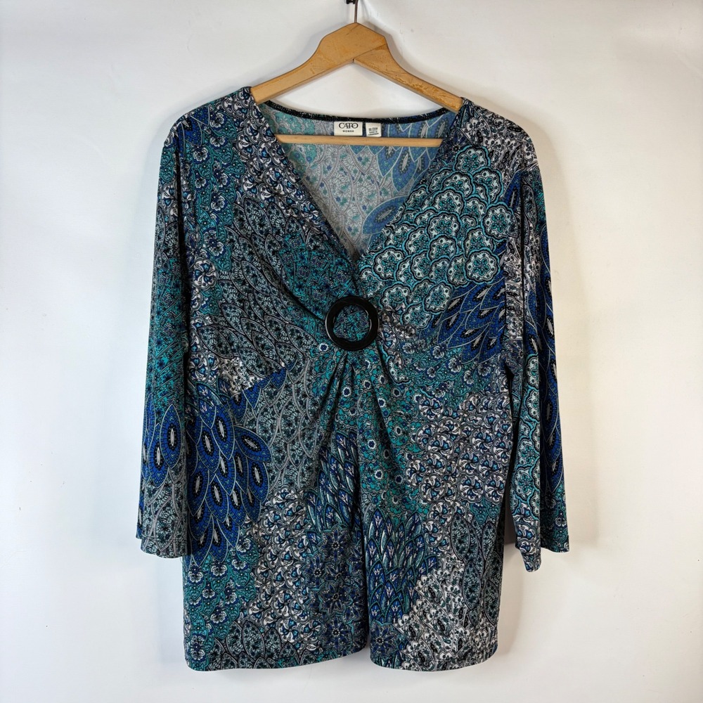 Cato Blouse Women 18/20W Blue Paisley O-Ring Gathered V-Neck 3/4 Sleeve Top